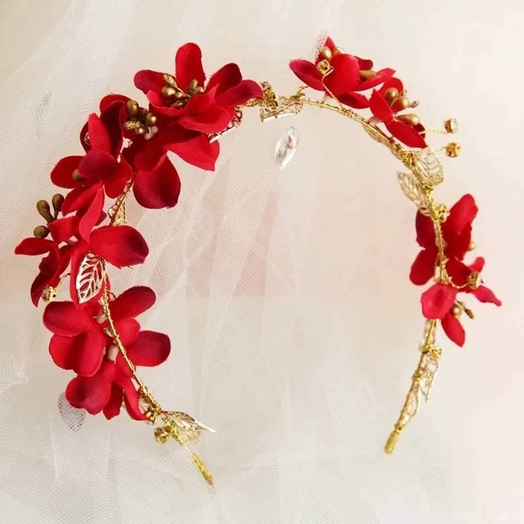 Fashion Beautyful Women red Flower Headband Wreath Wedding Garlands Floral Crown Beach Bride Hairband Comfortable Hair Jewelry