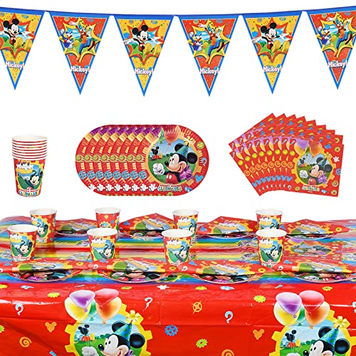 Newtic Mickey Party Supplies, Decoration Anniversaire Mickey, Set de Vaisselle Mickey Mouse Décorations et Vaisselles, Assiettes Tasses Serviettes Nappe Ustensiles (B1 Mickey Party Set) Cover