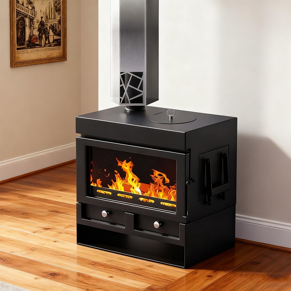 Stufa a Legna 8kW, Rendimento 85% per 120 m³, RRØ 100mm,Stahlofen mit Verglasung,Rivestimento Refrattario,für Jede Wohnung & Zuhause