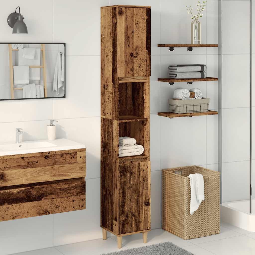 Tocador de baño 30 x 30 x 190 cm, madera vieja, mueble de baño con 6 compartimentos y 2 puertas, patas de madera maciza, armario para debajo del lavabo en aspecto vintage para pequeños baños