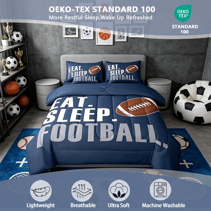 Image of Feelyou Boys Football Comforter Set 7 Pieces Twin Size American Sports Bedding Set for Kids Adults Navy Blue Rugby Bed in a Bag Ball Games Room Decor Football Player Gift