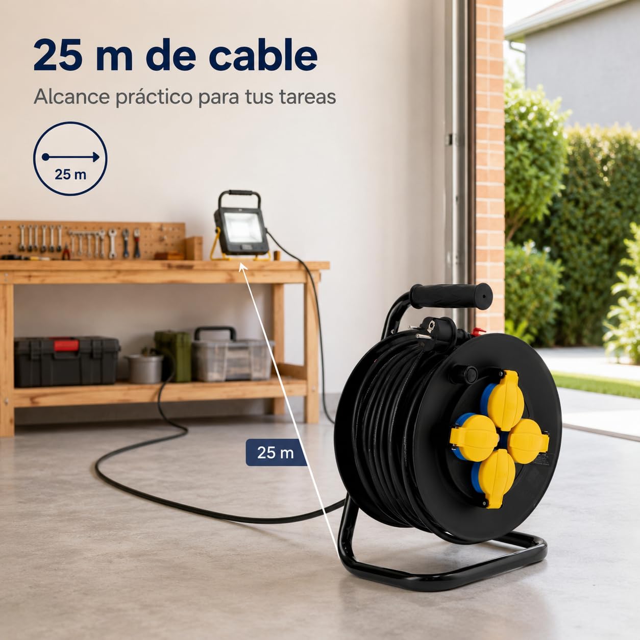 M mimotec - Avvolgicavo da Esterno 25m IP44 4 Prese 3200W 16A, Cavo H05RR-F 3G1,5 mm², Protezione Bambini, Ideale per Giardino, Cantiere e Officina