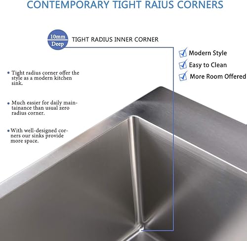 Miniatura 3 de SHACO Fregadero de cocina de 28 pulgadas, fregadero de montaje superior de acero inoxidable T304 de 16 calibre hecho a mano comercial, fregadero de