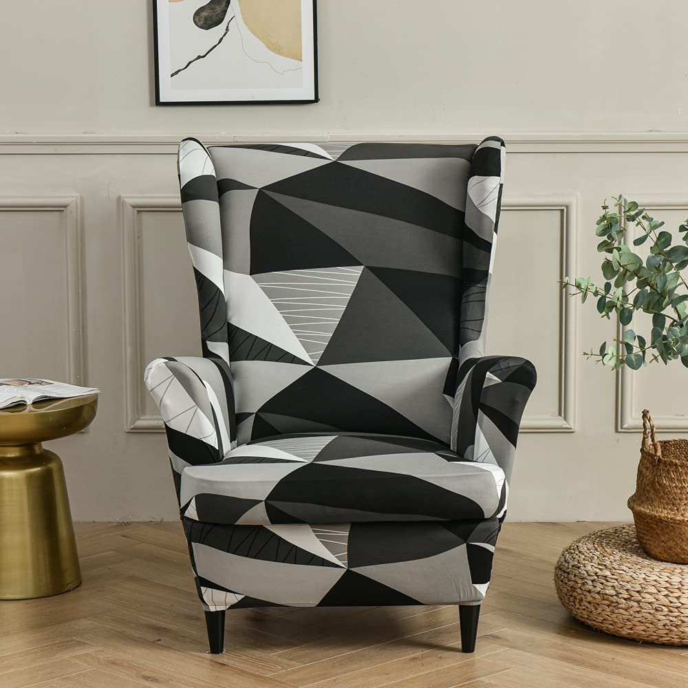 Ohrensessel Bezug 2-teilig, Stretch Sesselüberzug mit Kissenbezug, bedruckter Spandex Sesselbezug, waschbarer Ohrensessel Überzug für Wohnzimmer, Schlafzimmer Dunkelgrau Einheitsgröße