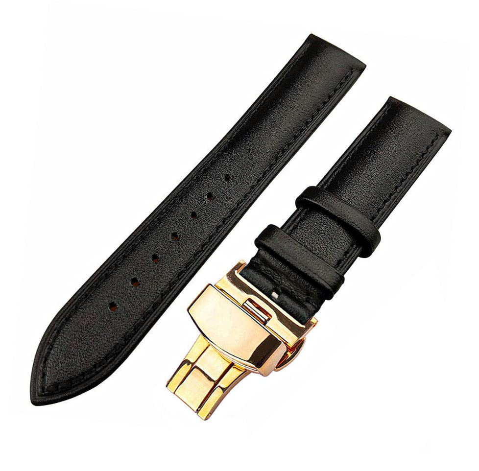 Image of 18mm 19mm 20mm 21mm 22mm 23mm 24mm Genuine Leather Butterfly Deployment Clasp Buckle Watch Band Strap Black Dark Brown TAN Blue Rose Black Gold White