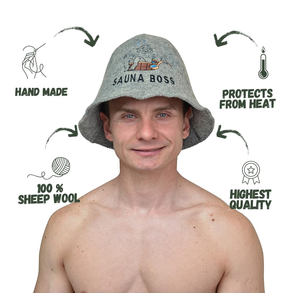 Sauna Boss - Gorro de sauna gris, 100 % lana orgánica para la bania rusa, protege tu cabeza del calor, guía electrónica de sauna inglesa incluida, con bordado