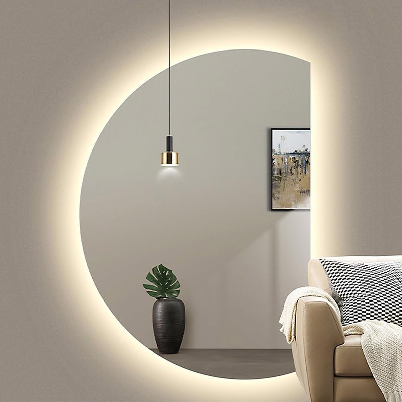 SXFSDOU 39" Frameless Wall Mirror for Bathroom 43" Half Circle Backlit LED Lighted Dimmable Anti-Fog Vanity Shatter-Proof Home Deco(Right Cut,90x60cm/35x24)