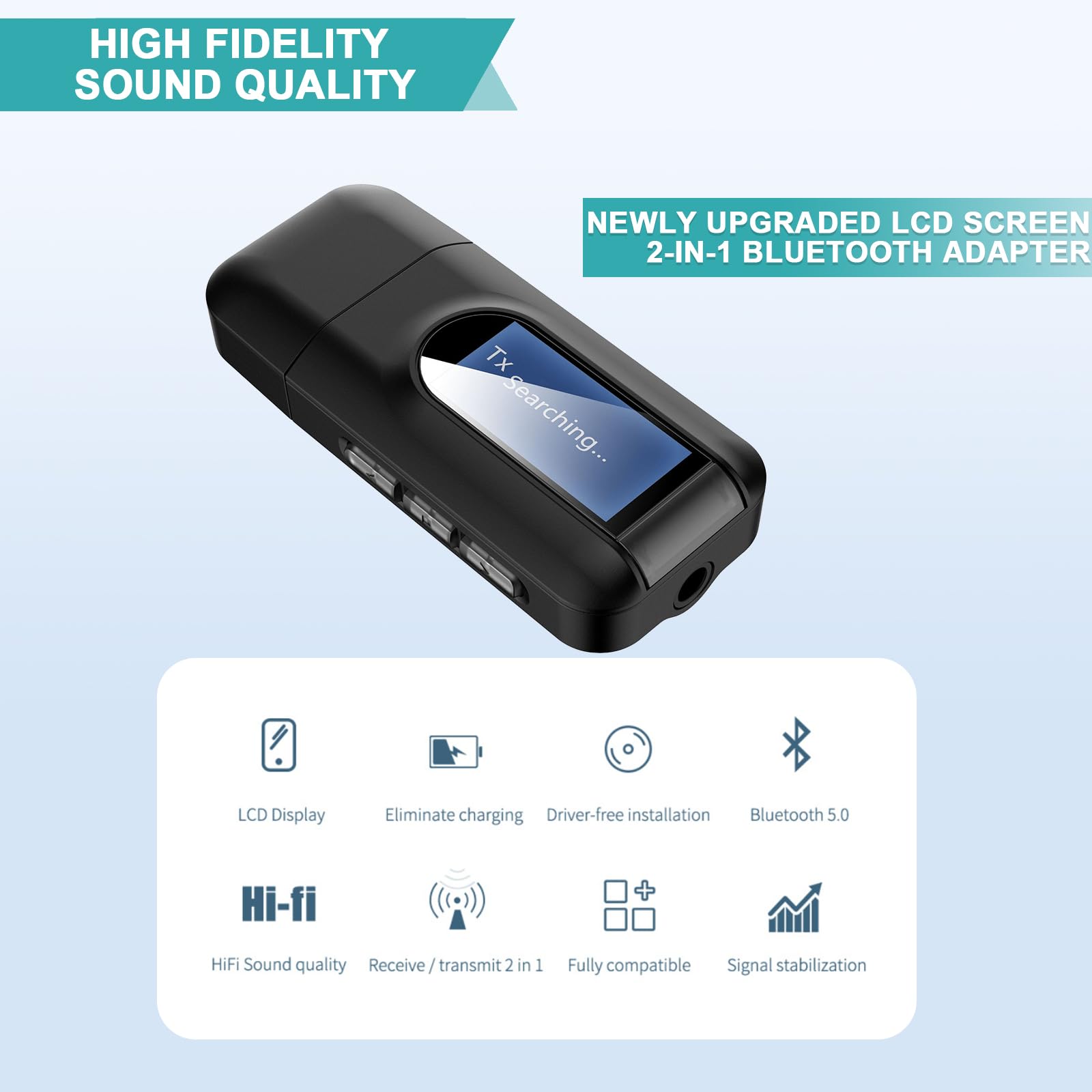 Adapter Bluetooth Audio: 2 w 1 USB Bluetooth 5.0 adapter do telewizora, nadajnika audio, odbiornika z ekranem LCD i jack 3,5 mm, niewielkie opóźnienie transmiter Bluetooth do komputera, słuchawek,