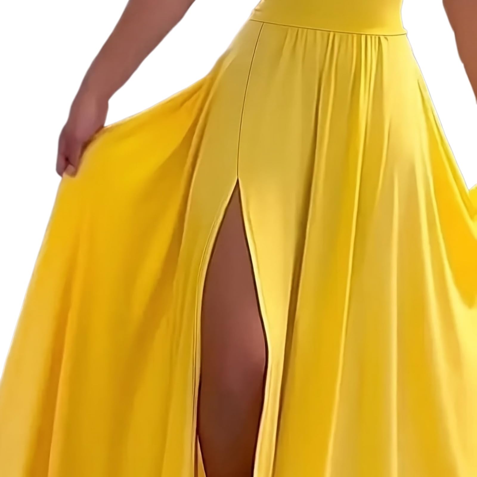 Abito Donna Chic Senza Maniche Lace-up Midi Dress - Cami Schienale A Scollo V con Fessura Laterale, Abbigliamento da Festa-Yellow-l