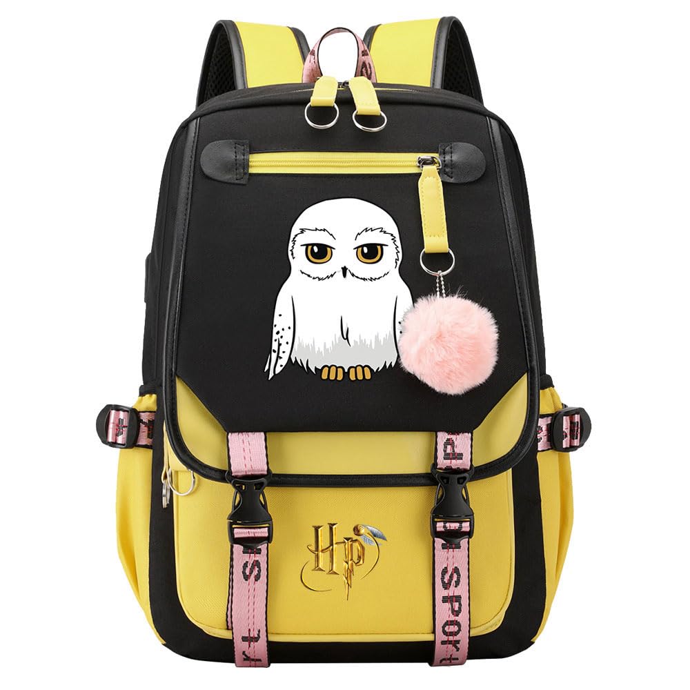 Meetiger Lightweight Owl Hedwig Rucksack Owl Book Bag Harry Magic School Bag Students Laptop Backpack with USB Charging Port Yellow