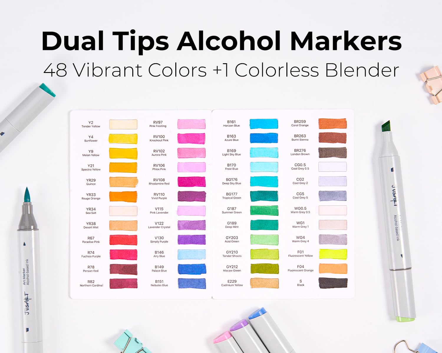 JusArt Marqueurs à alcool de 48 couleurs, pinceau à double pointe et burin