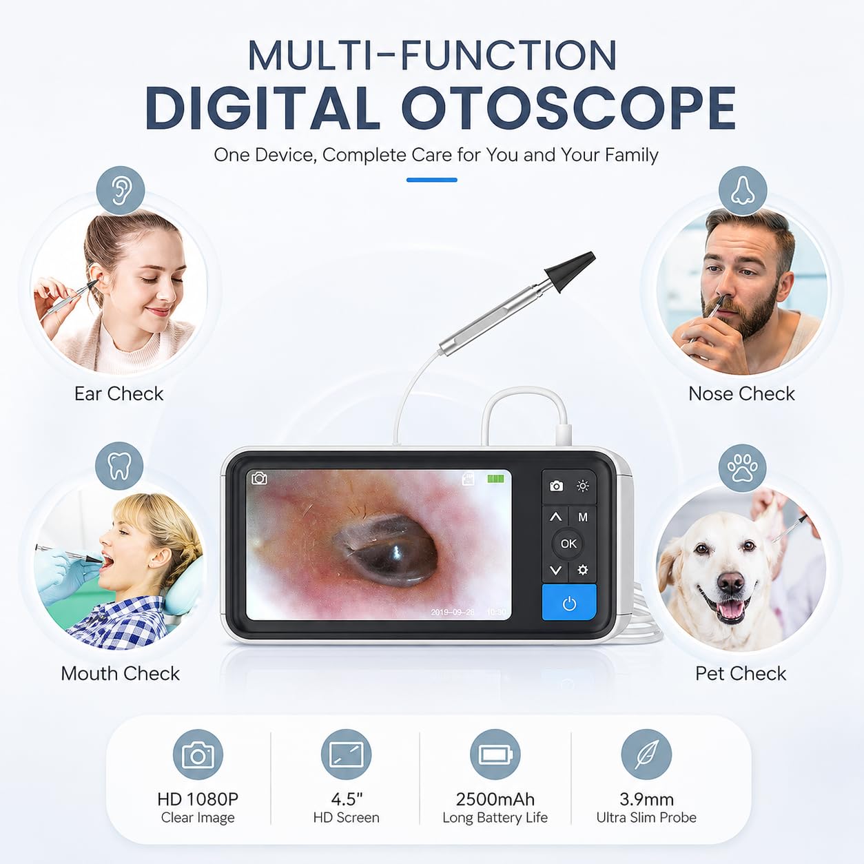 Otoscopio digital con pantalla de 4.5 pulgadas, cámara auditiva de 3.9 mm con 6 luces LED y batería recargable para adultos, niños y mascotas