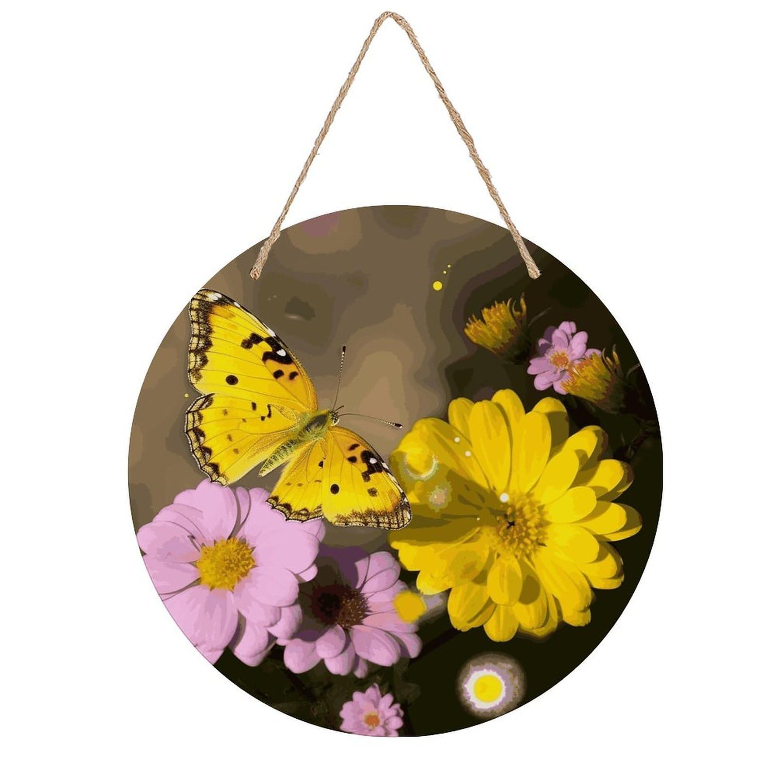 FekiLoot Round Yellow Butterfly And Flower Wall Art Decor Painting Wooden Hanging Sign with Ropes Bohemian Wall Hanging Retro Mid Century Modern Wall Art for Home Bedroom Living Room 7.9x7.9 in