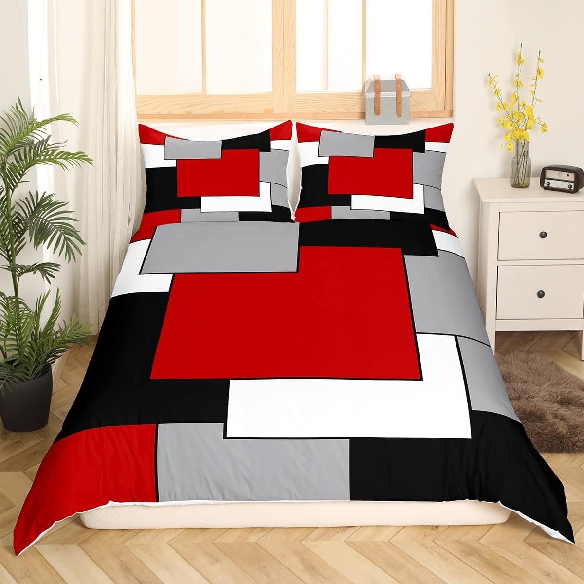 Funda Nordica Cama 105 Negro Rojo - Ropa de Cama Microfibra Suave, Funda Nórdica Gris Blanco Funda Edredon 200x200 cm y 2 Funda de Almohada 50x75 cm, 3D Funda de Edredón 5643z