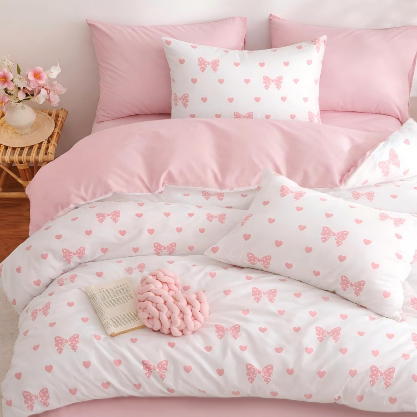 Freyamy Schleife Bettwäsche 135x200cm Mädchen Weiß Rosa Schleifen Herzen Bettwäsche-Sets Aesthetic Microfaser ÖKO-TEX Kinderettwäsche 1 Bettbezug mit Reißverschluss und 1 Kissenbezug 80x80cm