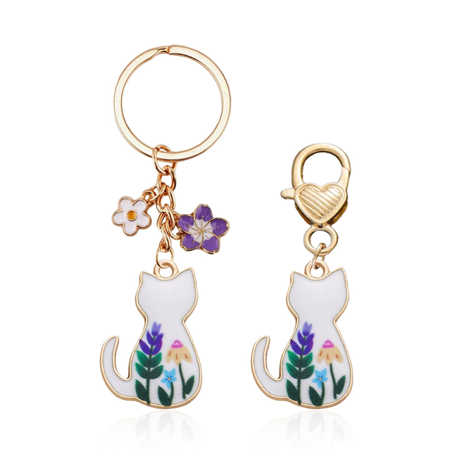 OODJVN 2 Pieces Of Cute Cat Keychain, Enamel Craft Style, Flower Element Decoration, Bag Car Key Decoration, Niche Cute Pendant.