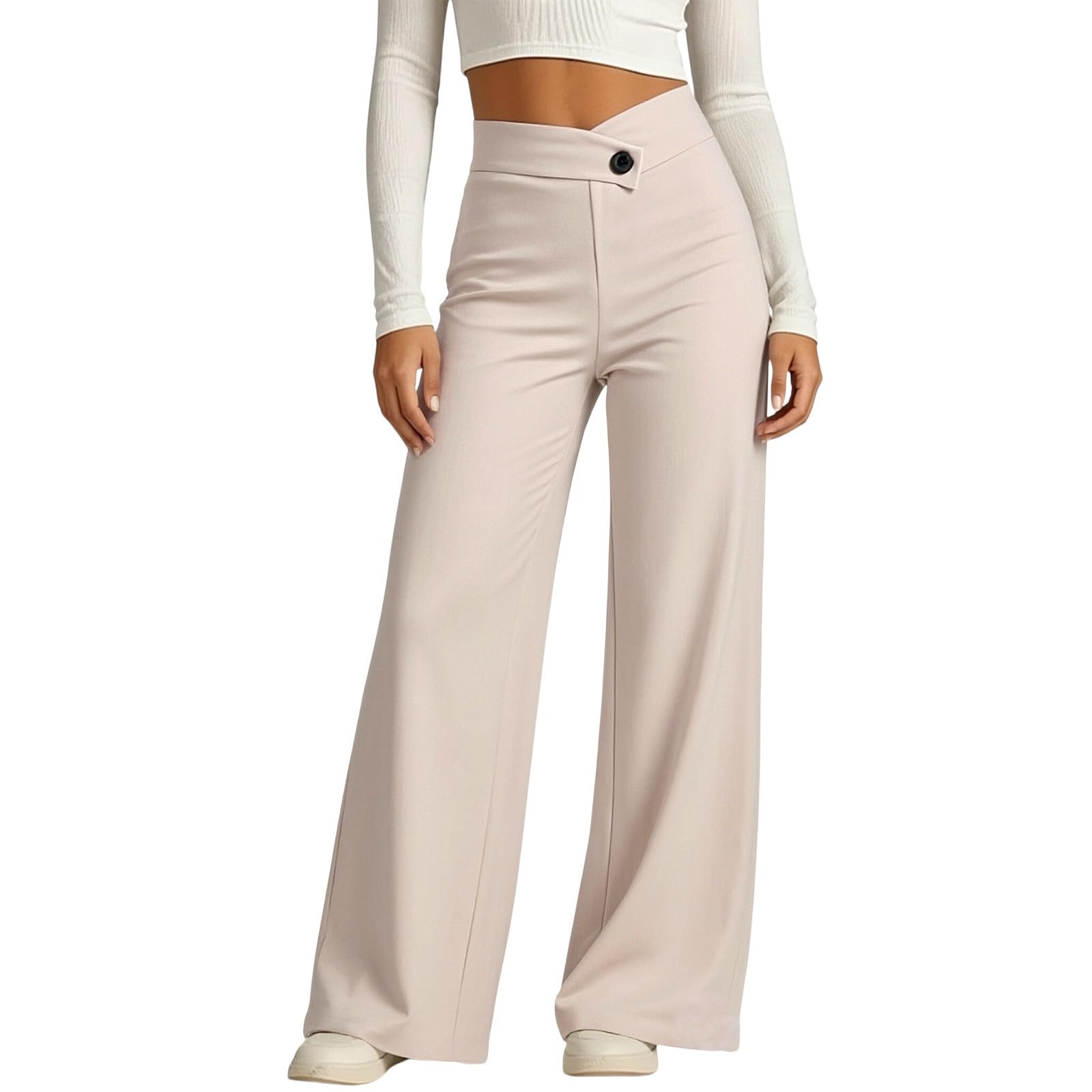 Generisch Pantaloni da donna a vita alta, bianchi, estivi, traspiranti, in tessuto, casual, classici, da lavoro, eleganti, leggeri, palazzo, per il tempo libero, elasticizzati, gamba dritta