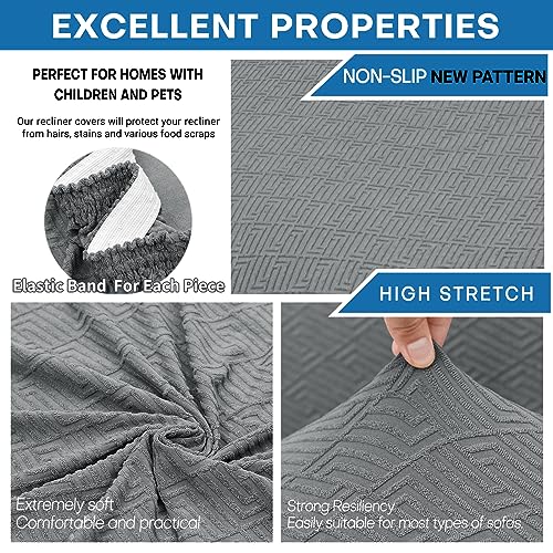 XINEAGE 4-Piece Recliner Cover Stretch Jacquard Slipcover with Pocket, Washable Recliner Chair Protector for Kids, Pets, Dogs, Cats (Light Gray)