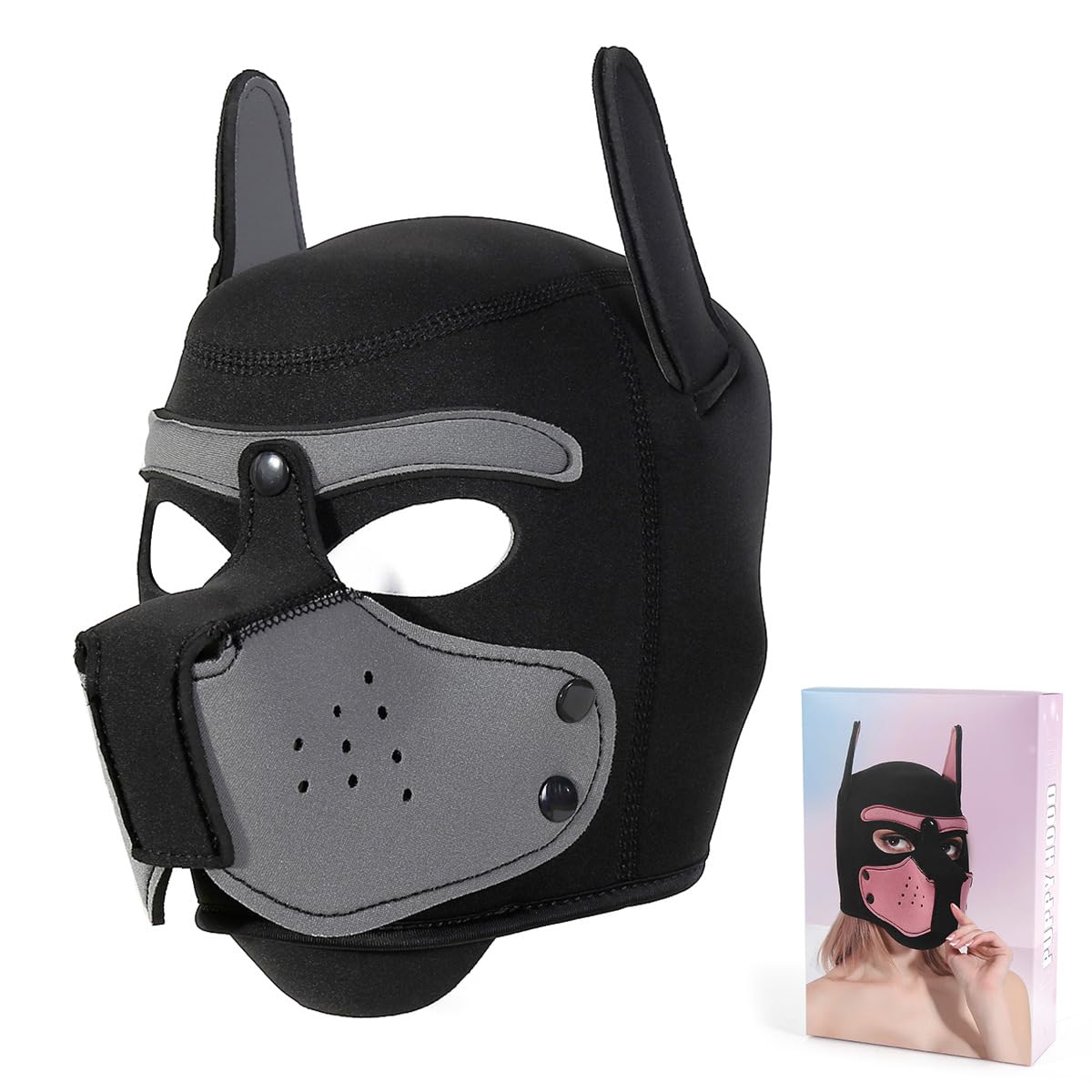 Adults Neoprene Puppy Hood Mask, Removable Cosplay Dog Full Face Pup Hood Pup Mask for Halloween (Grey)