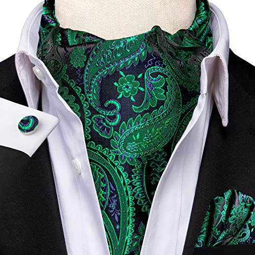 Image of Hi-Tie Ascot Lapel Pin Set Mens Cravat Ties for men Wedding Scarf Tie Party Business Formal Tuxedo,Black Green Paisley