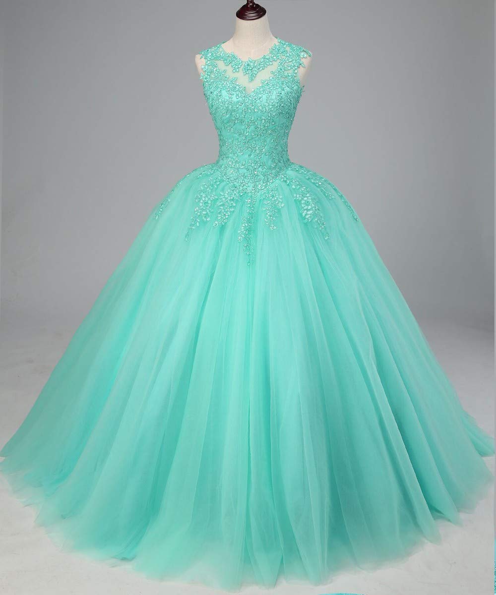 HUINI Ballkleider Lang Spitze Tüll Quinceanera Kleid A-Linie Prinzessin Abschluss Ballkleid Mädchen Abendparty Kleid