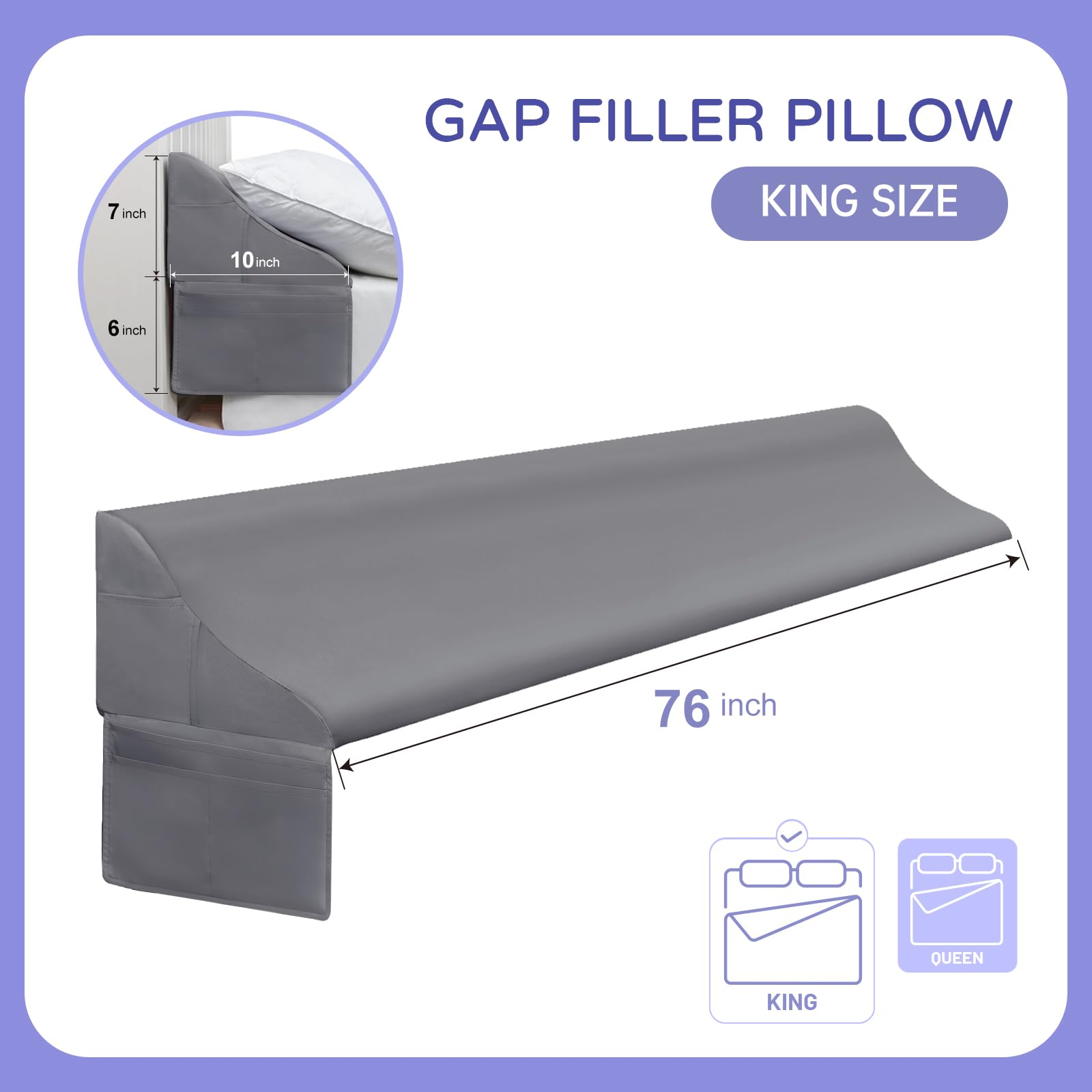 Condition photo showing New/Like New for vekkia king size bed wedge pillow for headboard/bed wedge gap filler/mattress gap filler/wedge pillow headboard to close the gap (0-6") between your headboard and mattress, (grey 76"x10"x7")
