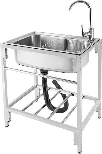 Fregadero utilitario independiente de cocina de un solo tazón con grifo, fregadero de acero inoxidable con moldeado integrado para lavadero, baño,