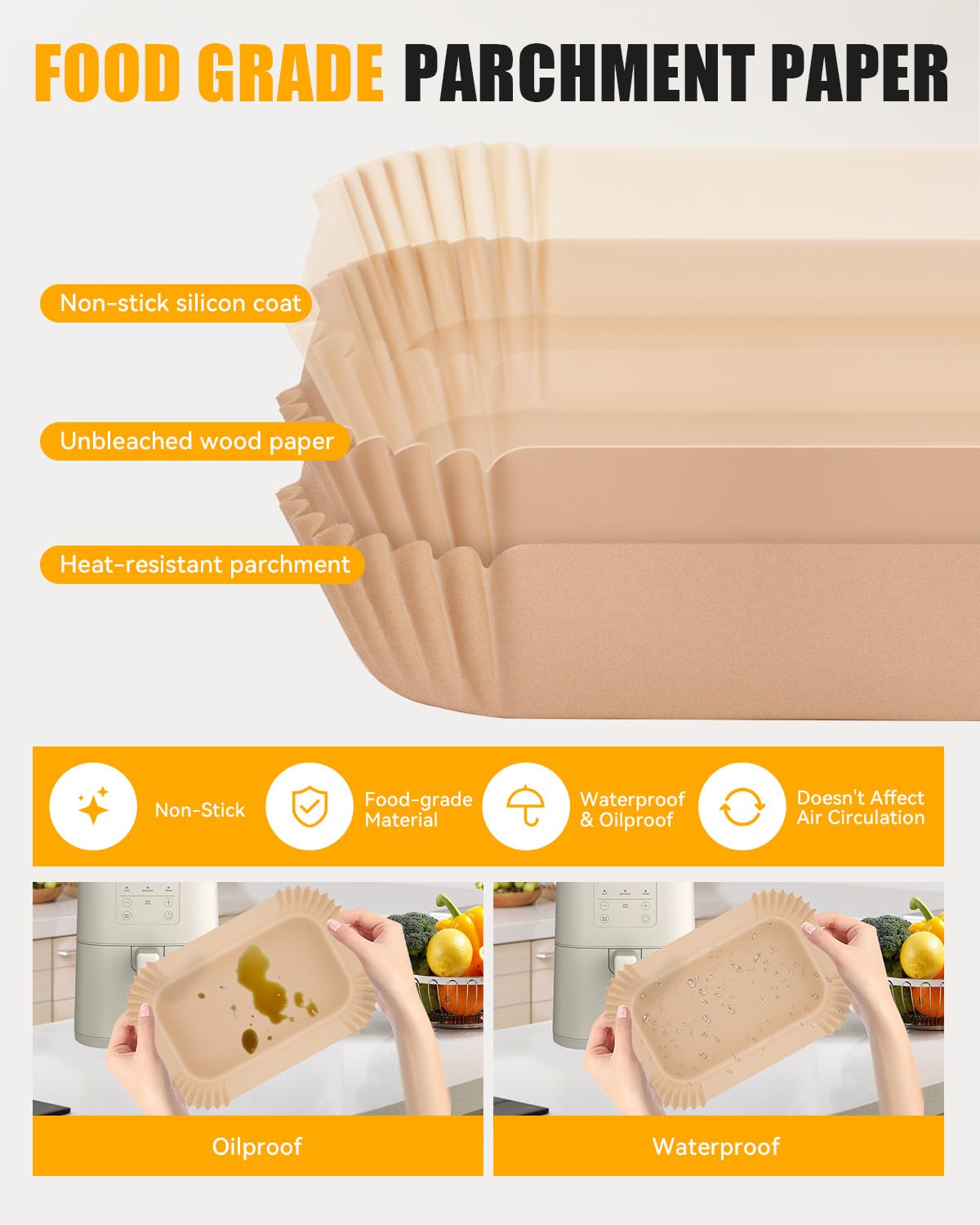 130 forros de papel para freidora de aire bella de 4 cuartos (capacidad de 3.3 libras), forro de papel pergamino desechable rectangular para freidora de aire, accesorios antiadherentes de grado
