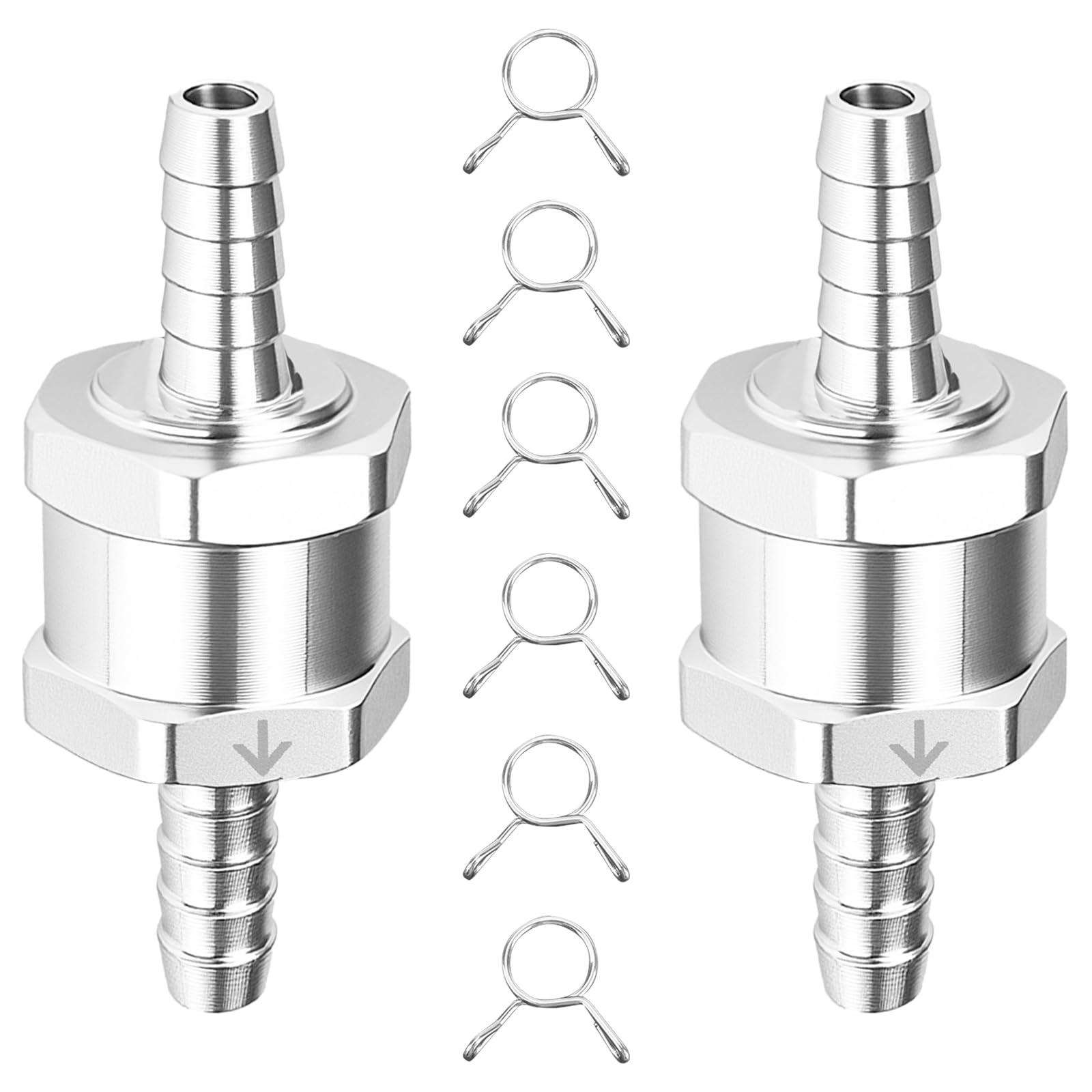 Hiahxc Sliver 2Pcs 6Mm Non Return One Way Check Valves,Aluminum Alloy Fuel Check Valve With 6 Fuel Hose Clamps,Fuel Non-Return Valve,Anti-Backflow One Way Aluminium Fuel Valve For Petrol Diesel Water (6Mm (1/4"))