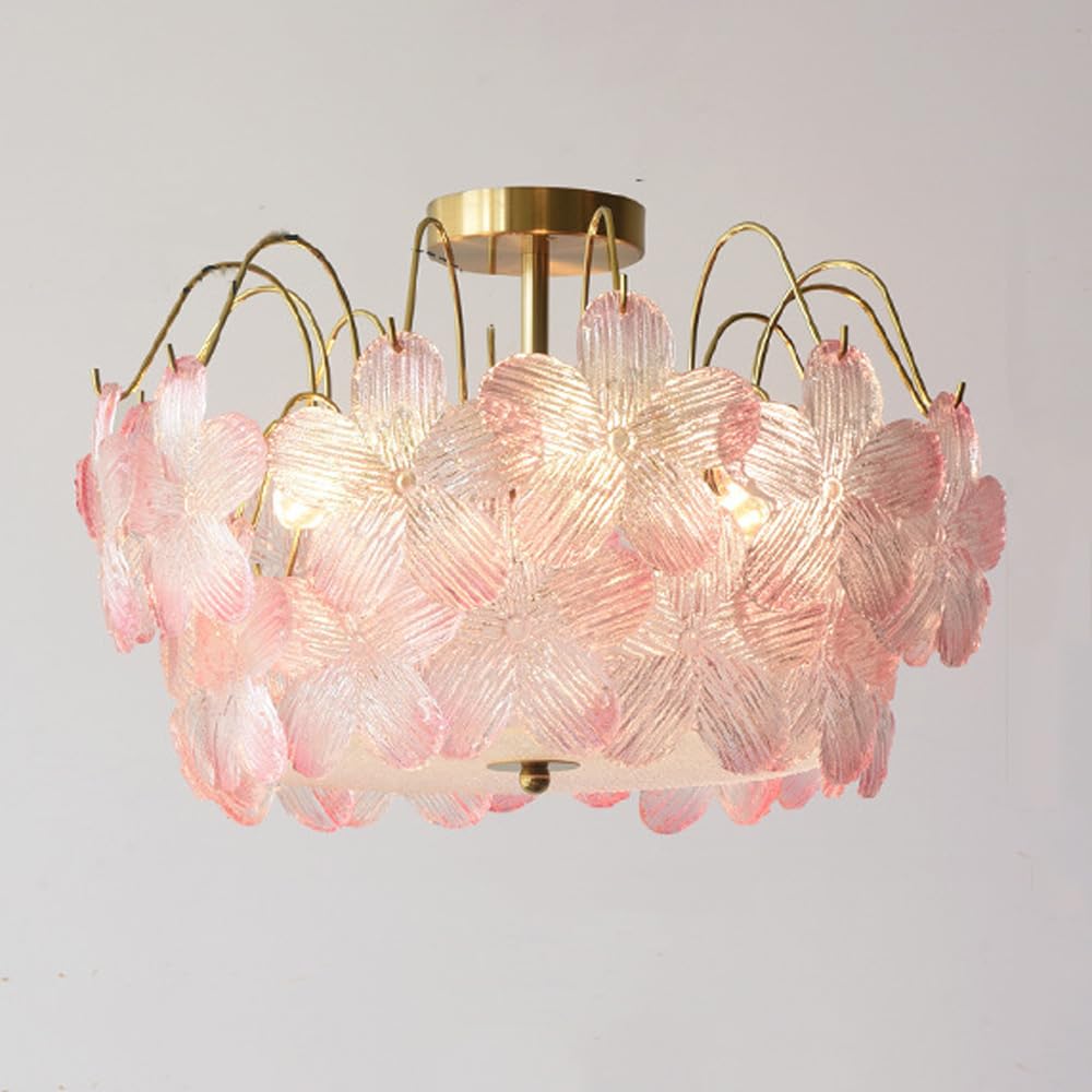 SWEMOPP Glass Flower Ceiling Light for Girls Bedroom Nordic Modern Kids Close to Ceiling Light Fixtures Blue Pink Crystal Semi Flush Mount Drum