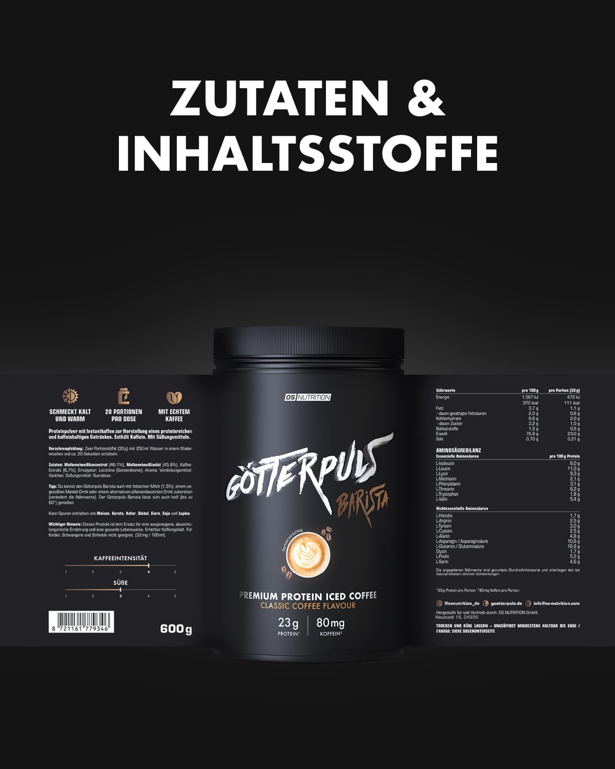 Götterpuls Barista Protein Iced Coffee 600g Pulver Classic Coffee | Mit 23g Eiweiß & 80mg Koffein – Mit echtem Kaffee-Extrakt – Whey Protein Isolat & Konzentrat – 20 Portionen