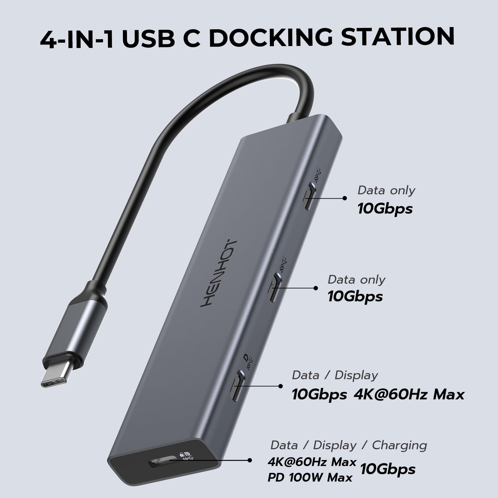 Hub di uscita video USB C, docking station per doppio monitor supporta monitor USB-C PD, splitter Thunderbolt per schermo portatile, uscita video 4K a 30-60Hz, 4 porte Gen2 10Gbps, PD 100W, con cavo