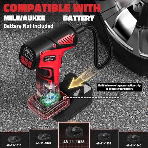 Image of DIYtoolifz 150PSI Tire Inflator Compatible with Milwaukee 18V Battery | Portable Air Compressor Pump Car Tire Pump with Digital Pressure Gauge & LED Light for Auto, Motorcycles, Balls (Tool Only)