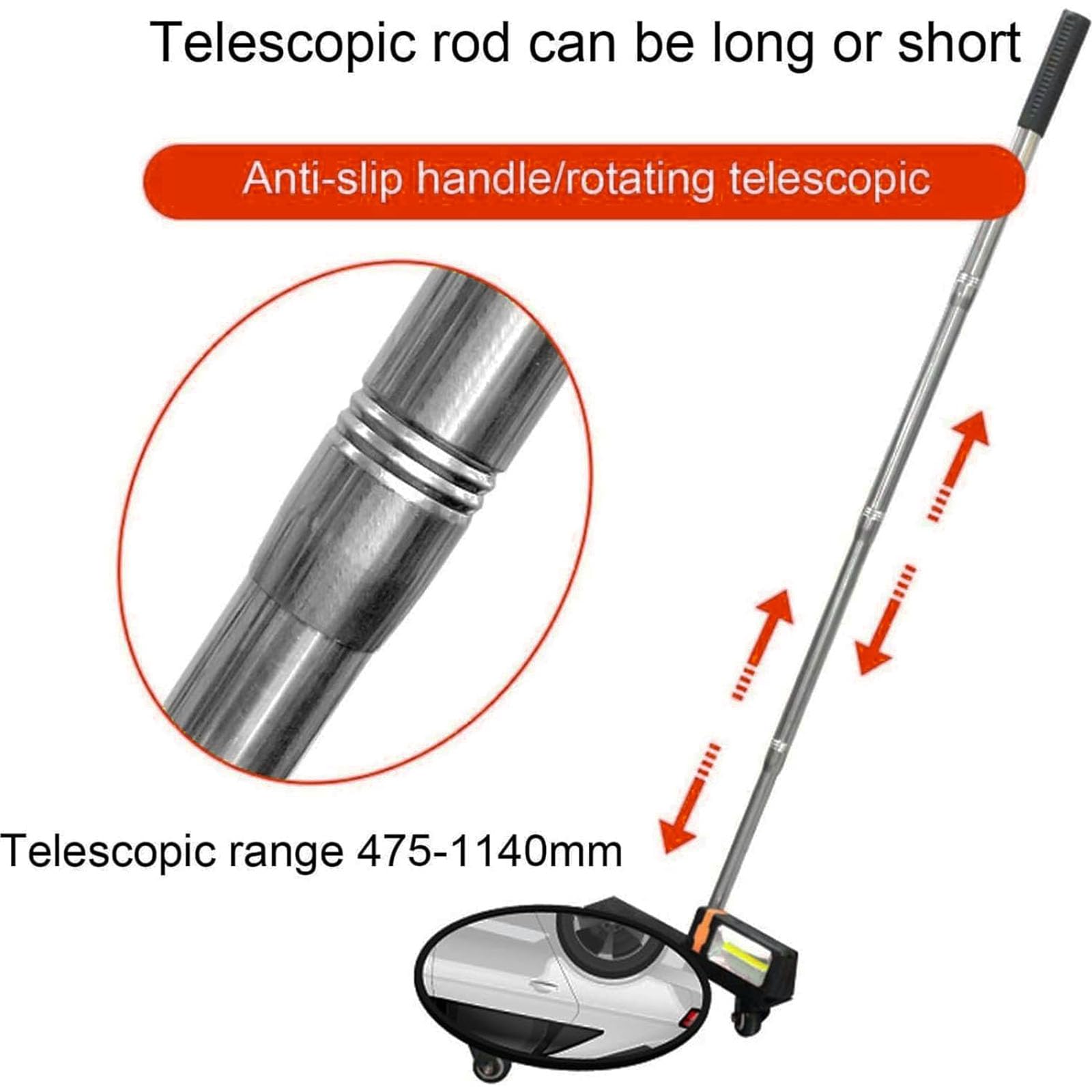 Espejo De Inspección De Bajos con Luz Led, Equipo De Seguridad para Revisión De Bajos De Vehículos con Mango Retráctil Ajustable De 475-1140 Mm Y 30 Cm De Diámetro,