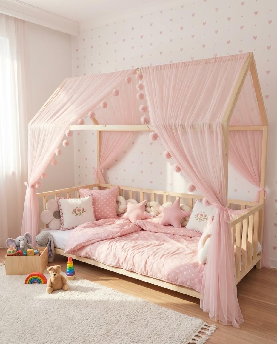 Baby Fancyroom Hausbett Himmel Betthimmel für Kinderbett Kinderzimmer Baldachin Bettvorhang Betthimmel für Mädchen Prinzessin Zimmer (Rosa, 300cm, ohne Pompomgirlande)