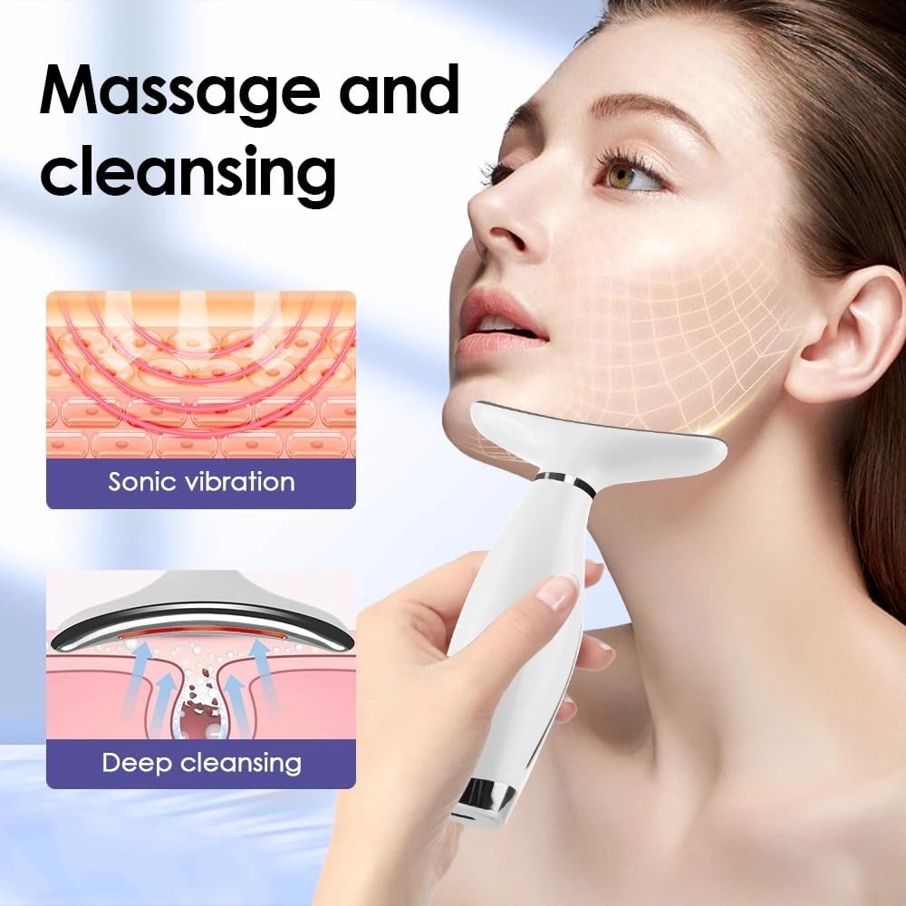 Face Neck Lifting Beauty Anti Wrinkle Device LED Photon Therapy Skin Tightening LED Light Therapy Facial Massager, 7 Colors, 7 Modes, Face and Neck Anti-Aging Device with 3 Intensity Levels, White
