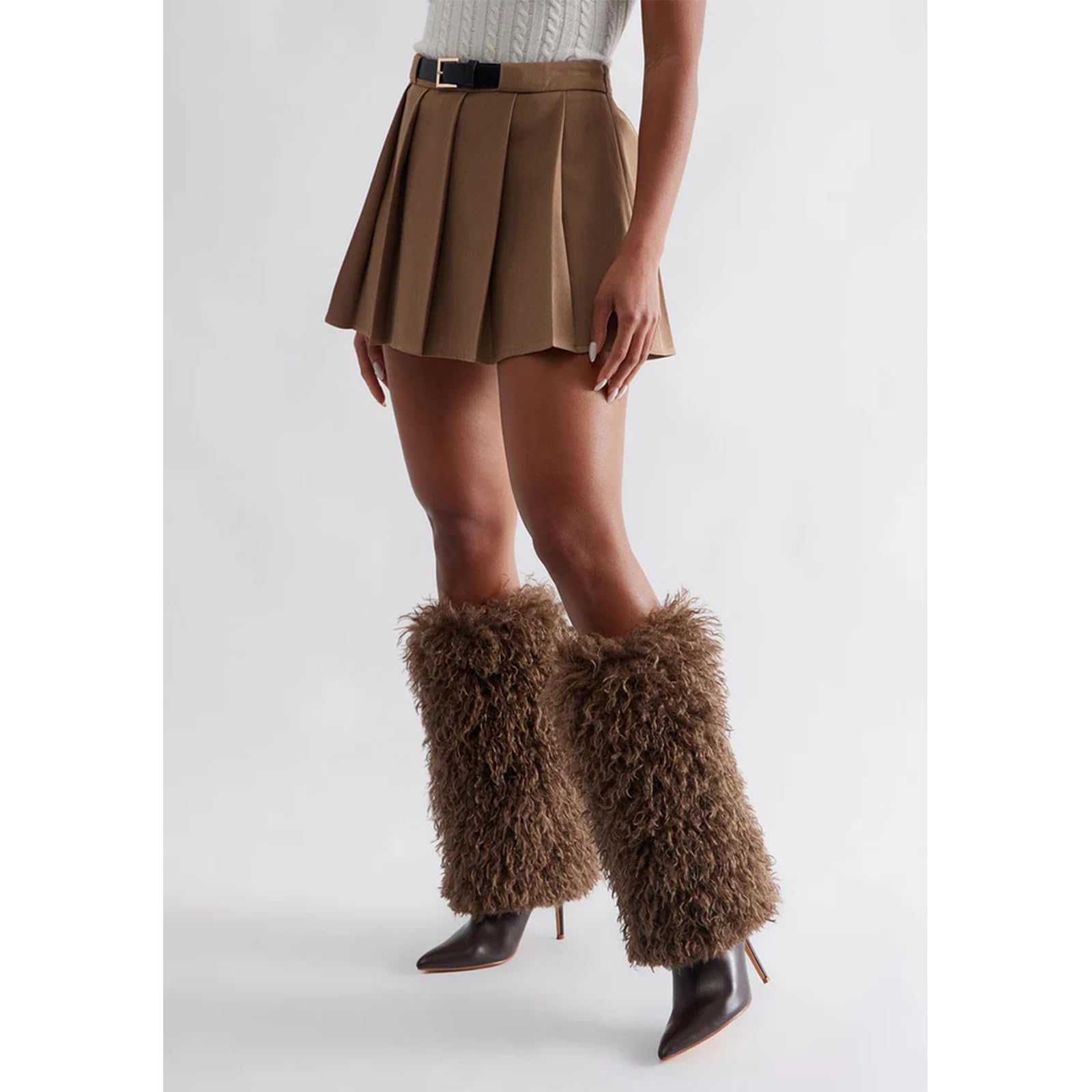 Fur Knee High Boots for Women Pointed Toe Stiletto Heel Fold Over Tall Boots Fashion Wide Calf Long Booties: 8 Chocolate