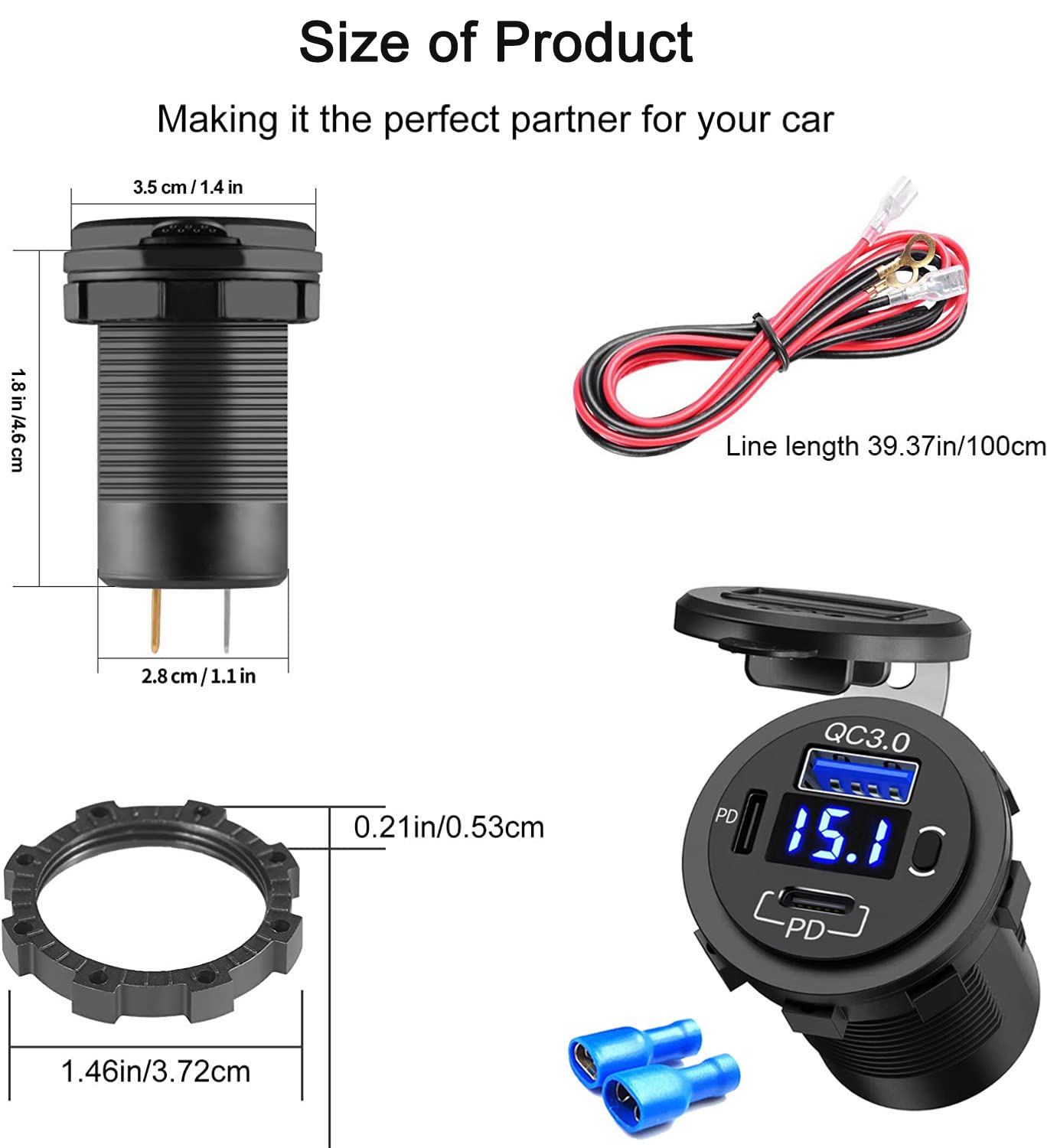 12 V USB-Steckdose USB C Kfz-Ladegerät Buchse (2PD + 1QC)