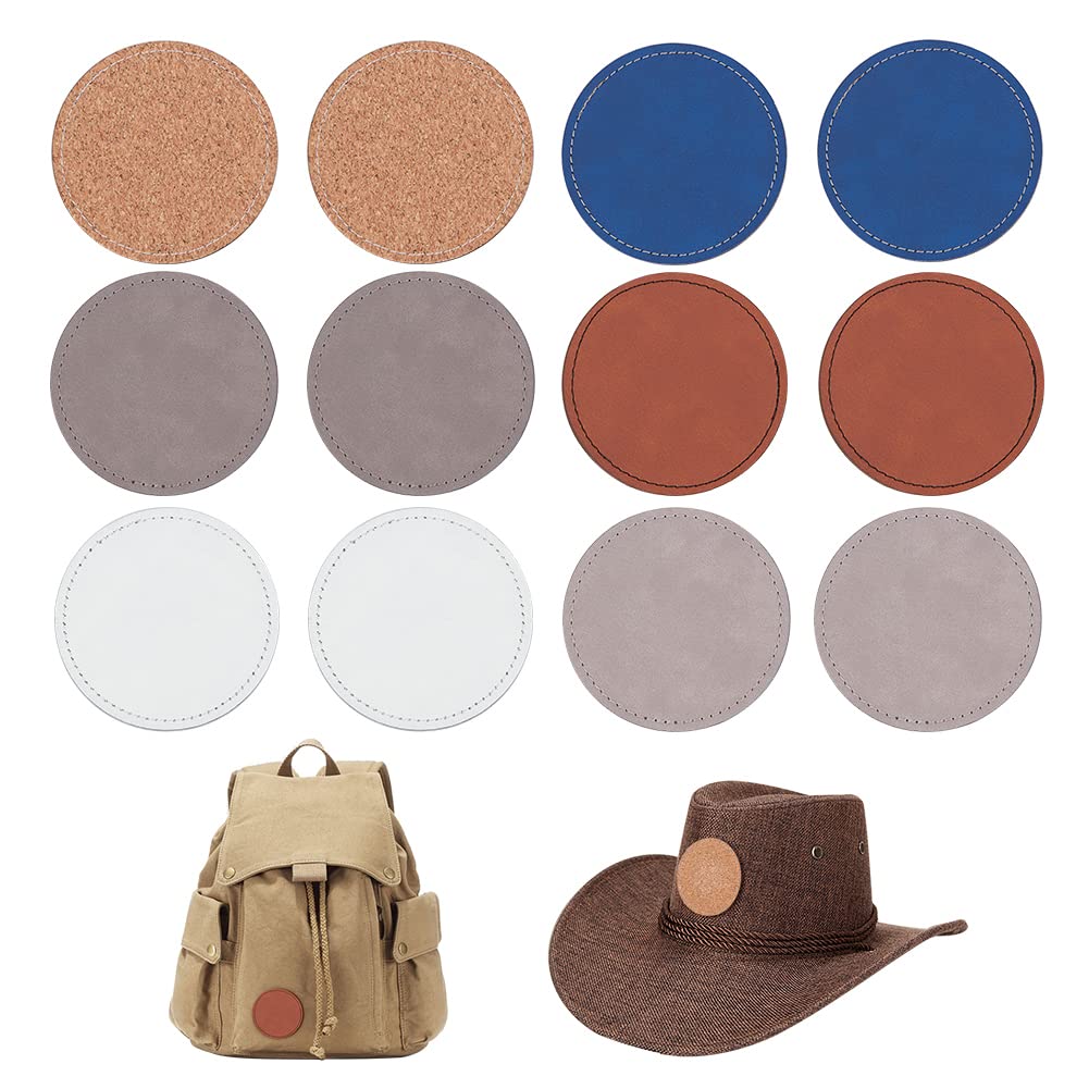 PH PandaHall12pcs Leatherette Round Patch with Adhesive, 6 Style Blank Hat Patches Self Adhesive Flat Round Pu Leather Blank Labels for Hats Bag Clothes Custom Leather Repair, 3 inch