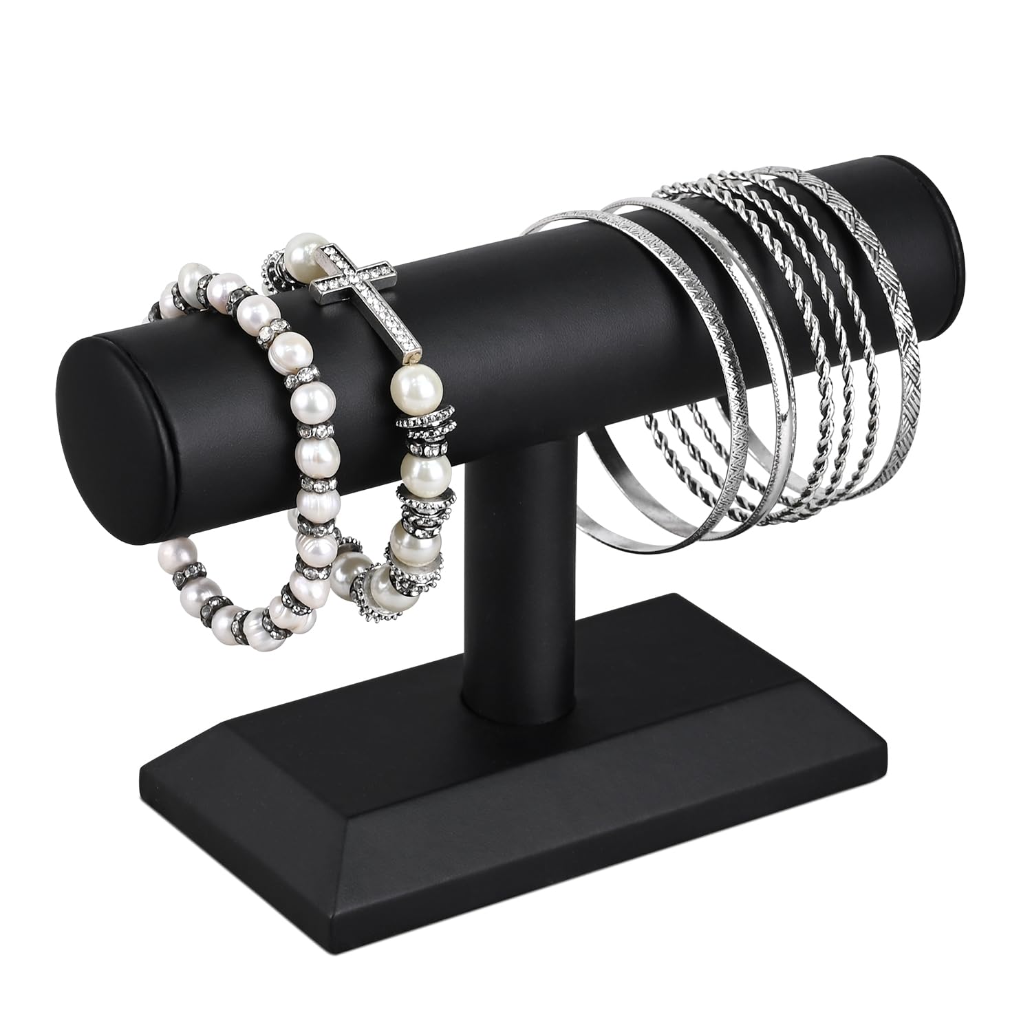 MOOCA T-Bar Wooden Bracelet &amp; Watch Display Stand, Black Leatherette