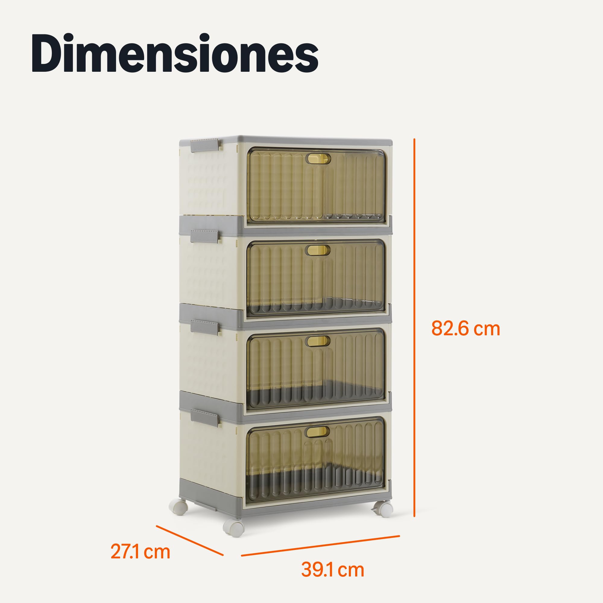 Amazon Basics Contenedores de Almacenamiento Apilables con 4 Niveles y Ruedas, 21,7L por Nivel, Contenedores Plegables y con Tapas, 82.6 x 39.1 x 27.2 cm, Gris/Beige