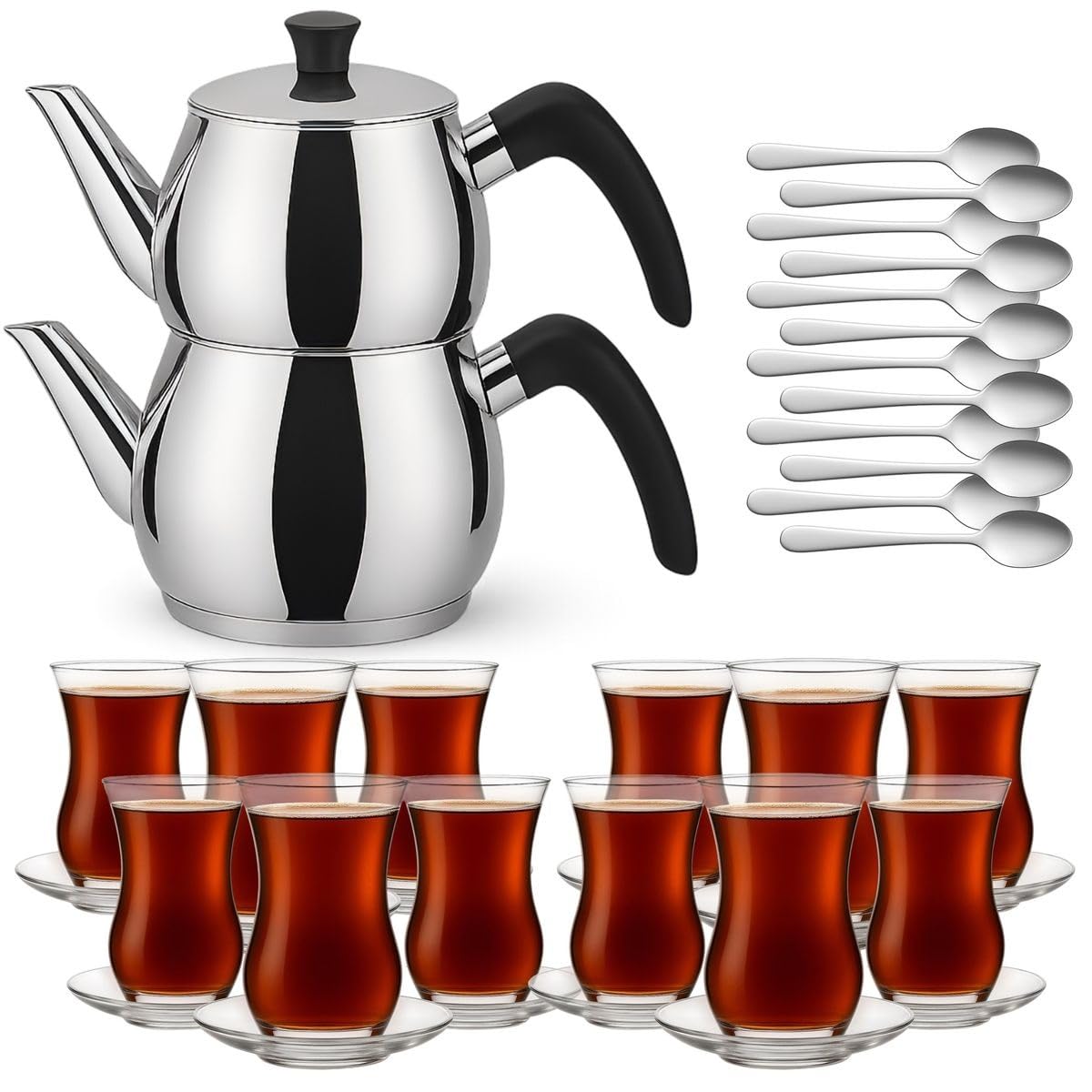 Caydanlik Teekanne Edelstahl 2-stöckig – Türkischer Teekocher induktionsgeeignet – mit Teegläsern oder nur Kanne Größe Kanne 1,5L, Farbe Glas-Set 12er