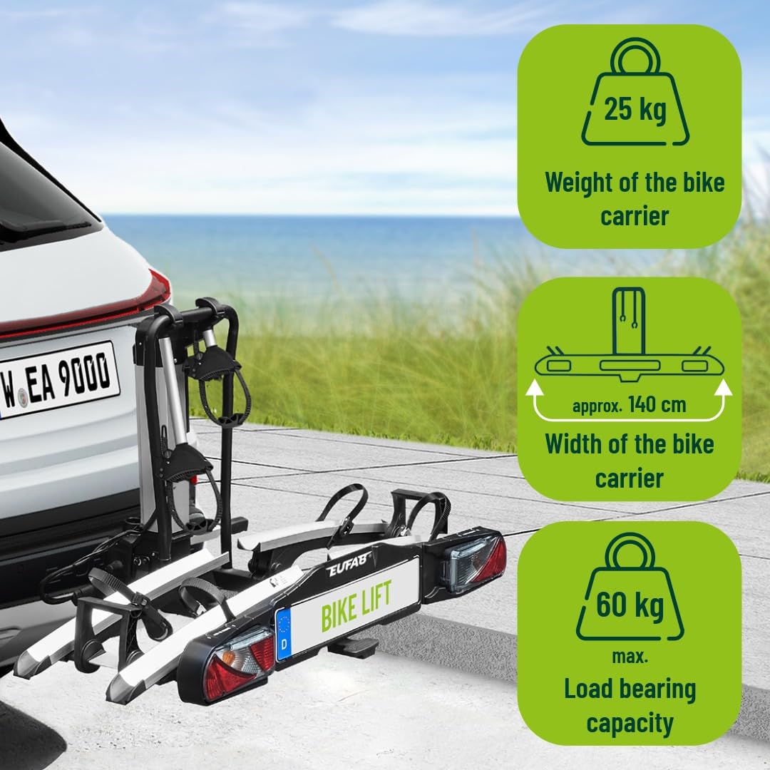 EUFAB 11554 Bagażnik rowerowy Bike Lift, nadaje się do rowerów elektrycznych, w pełni zmontowany, elektryczne opuszczanie, ochrona przed kradzieżą, na 2 rowery, na hak holowniczy, 2025 z uchwytami na
