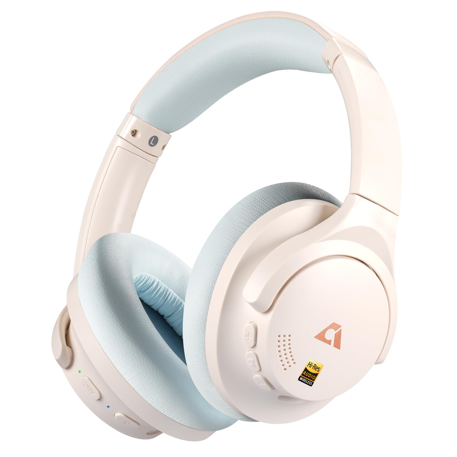 1Mii Y8 Noise Cancelling Headphones Bluetooth, Wireless LDAC Hi-Res Audio, 75H Playtime, Comfort Fit, Over Ear Headphones Foldable for Airplane Travel Home Office Beige Cyan