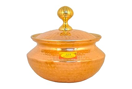 Shiv Shakti Arts Copper Hammered Biryani Handi Chaffing Dish Pan Patili with Lid,Tin Lining,Cookware,4 L,Brown