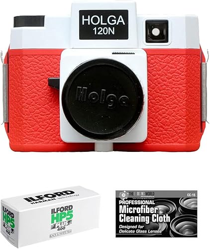 Holga - Cámara de película de formato medio 120N (negro) con paquete de películas Ilford HP5 120 y paño de microfibra