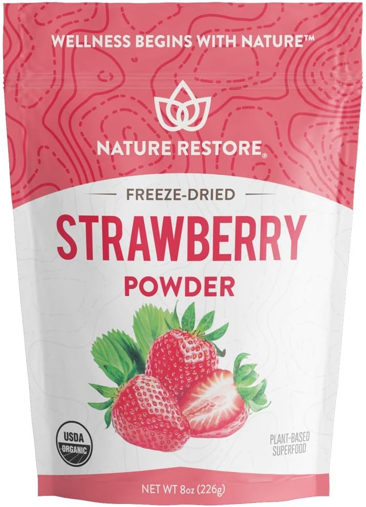 Nature Restore USDA Certified Organic Freeze Dried Strawberry Powder, 8 Ounces, Non GMO, Gluten Free, Vegan