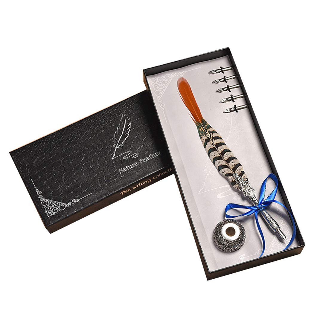 Antique Feather Dip Pen Set - Feather Calligraphy Pen, 5 Different Models Pen Nib and A Stand, Wedding Christmas Birthday Holiday Gifts Quill Pen - Style B