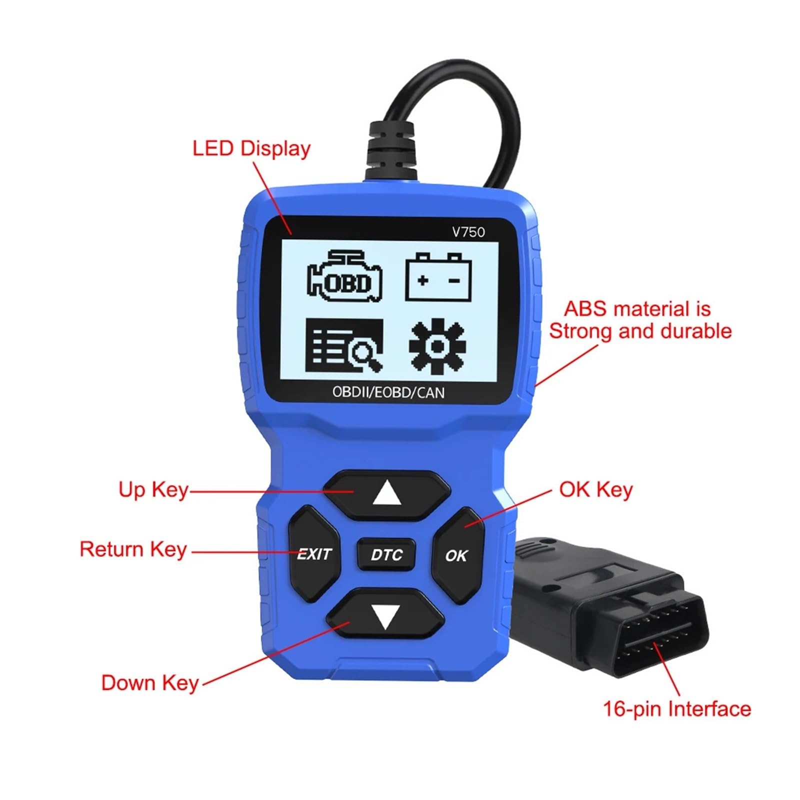 Tester batteria OBD2 Scanner Controllo motore Lettore codice V750 Strumento diagnostico auto multilingue Leggi informazioni veicolo