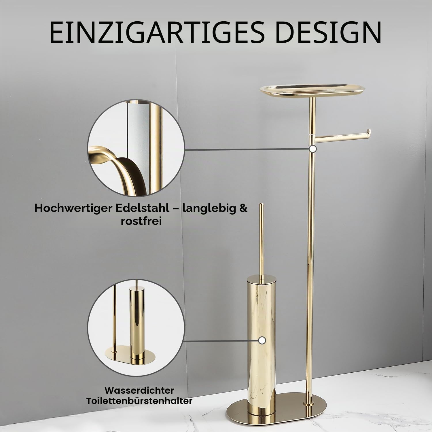 BGL Freistehendes Toilettenbürsten-Set mit langem Edelstahl Gold – WC Bürste & Klobürste mit Toilettenpapierhalter, 3-in-1 Set mit Ablage, Modernes Design